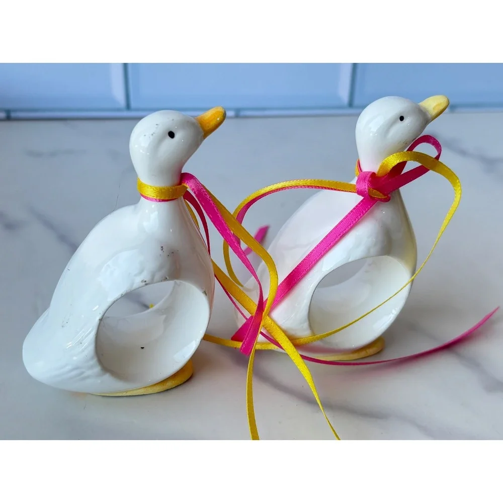 Vintage Ceramic Duck Napkin Rings Set of 2 White Goose Pink Yellow Ribbon Decor